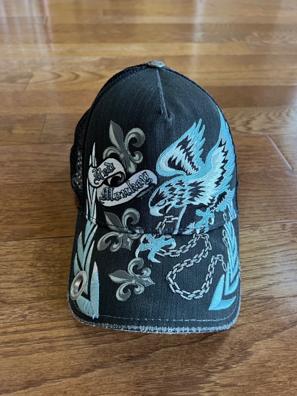 Black and Light Blue Embroidered Trucker Hat - Red Monkey Style